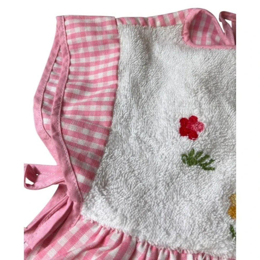 Vtg PINK-WHITE CHECK Pinafore Apron Dress Side Ties Terry Embroidered Yoke 12 M